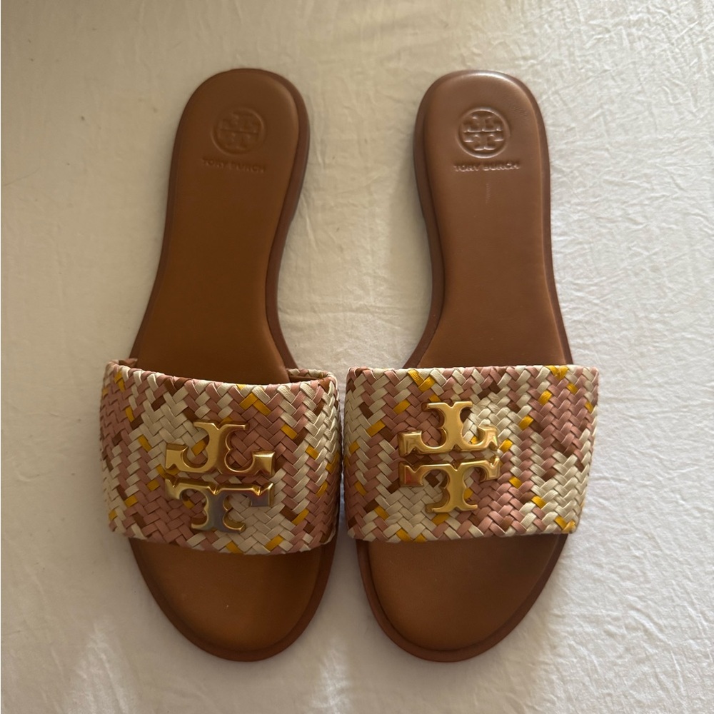Tory Burch Pink and Yellow Sandals with Intricate Design